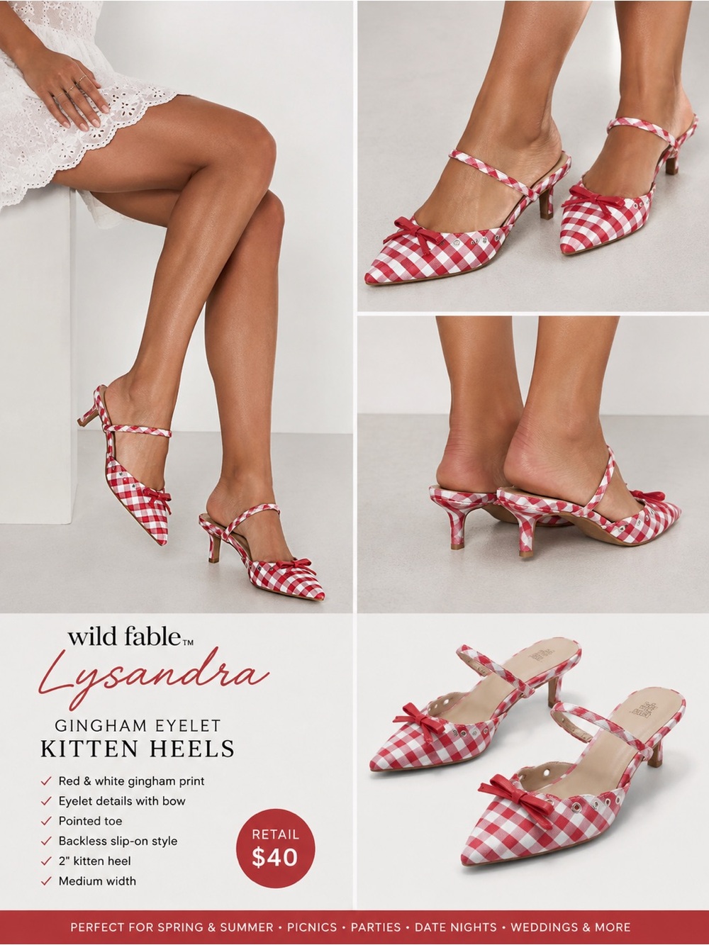 Wild Fable Women’s Lysandra Gingham Eyelet Kitten Heels Red – NWT